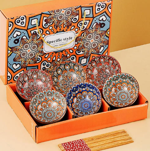 Bohemian Style Ceramic Bowl Tableware Set (6 Bowls + 6 Chopsticks Gift Box)