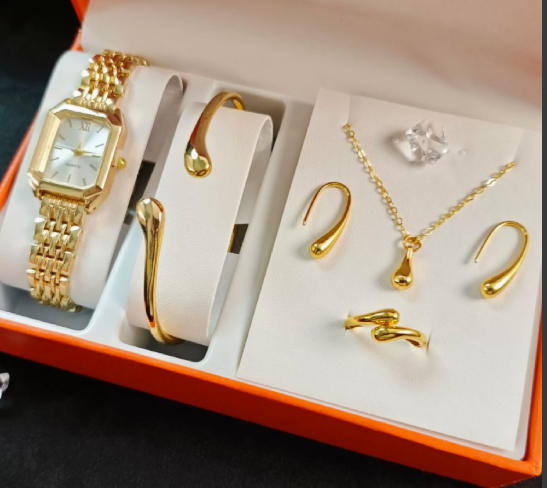 6-Piece Gold Jewelry Set with Watch